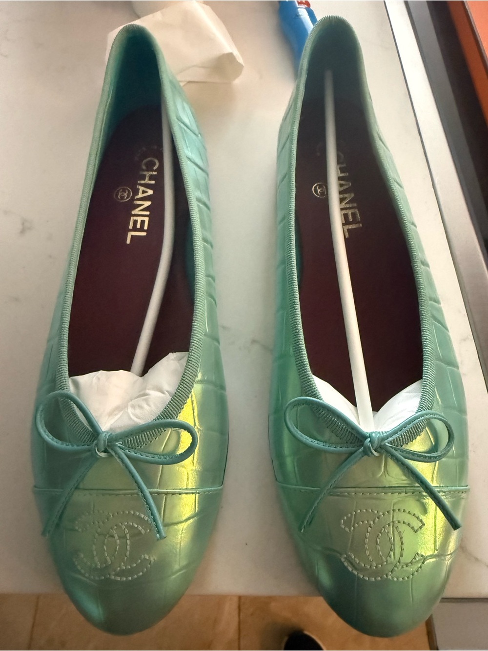 CHANEL Iridescent Mint Green Quilted Ballet Flats